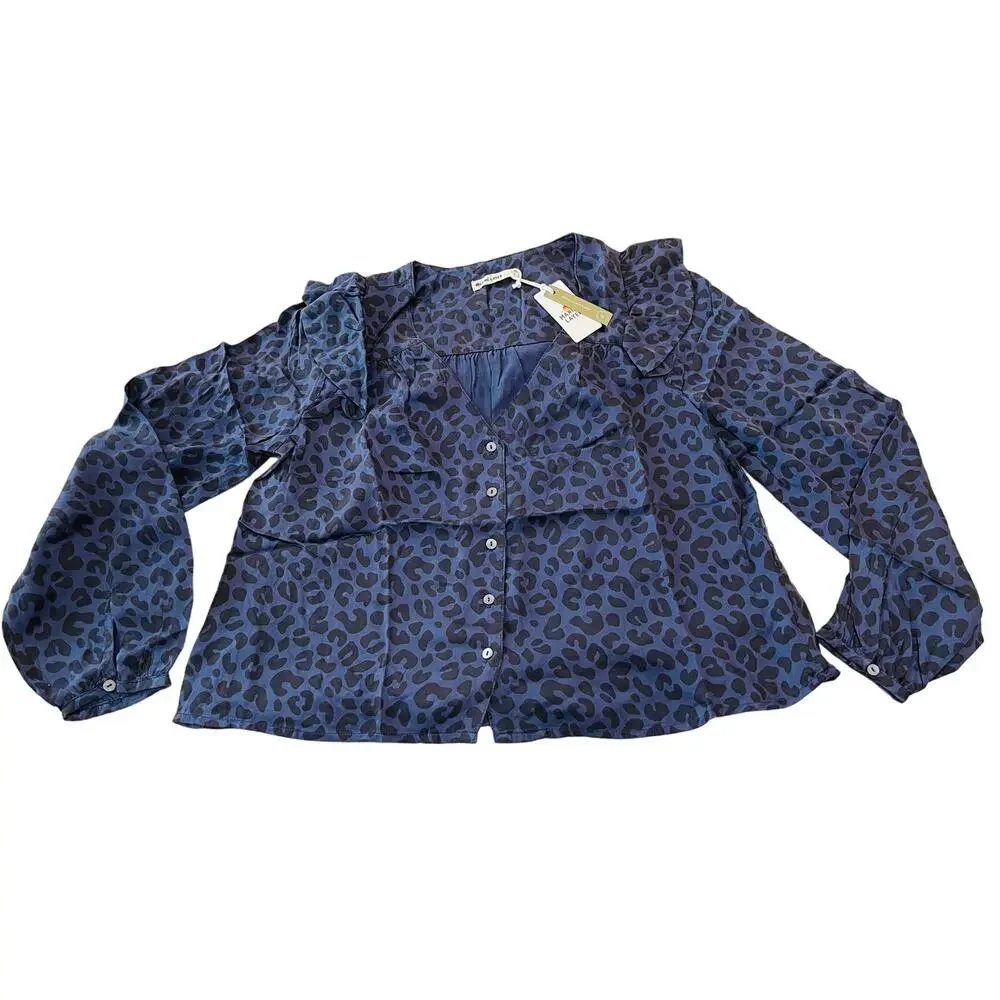 NWT Marine Layer Size Small Rory Long Sleeve Ruffle Blouse Cheetah Blue Purple - Picture 2 of 11
